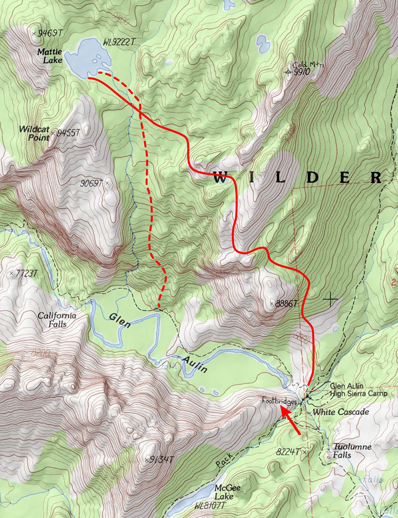 USGS topographic map of the Glen Aulin Mattie Lake area showing the proposed and approximate route taken to Mattie Lake. Map courtesy of USGS.